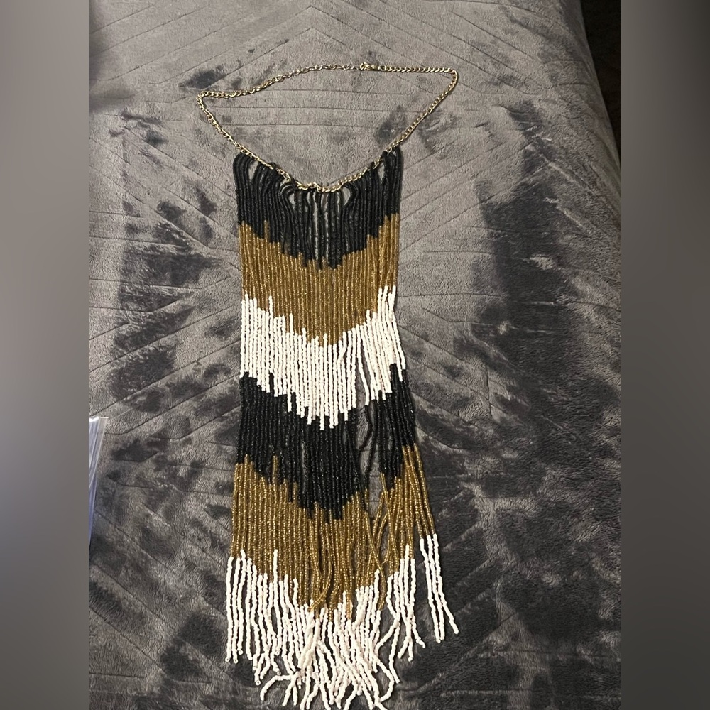 Vintage Handmade fringe waterfall Black, Gold, and White Beaded Boho Choker